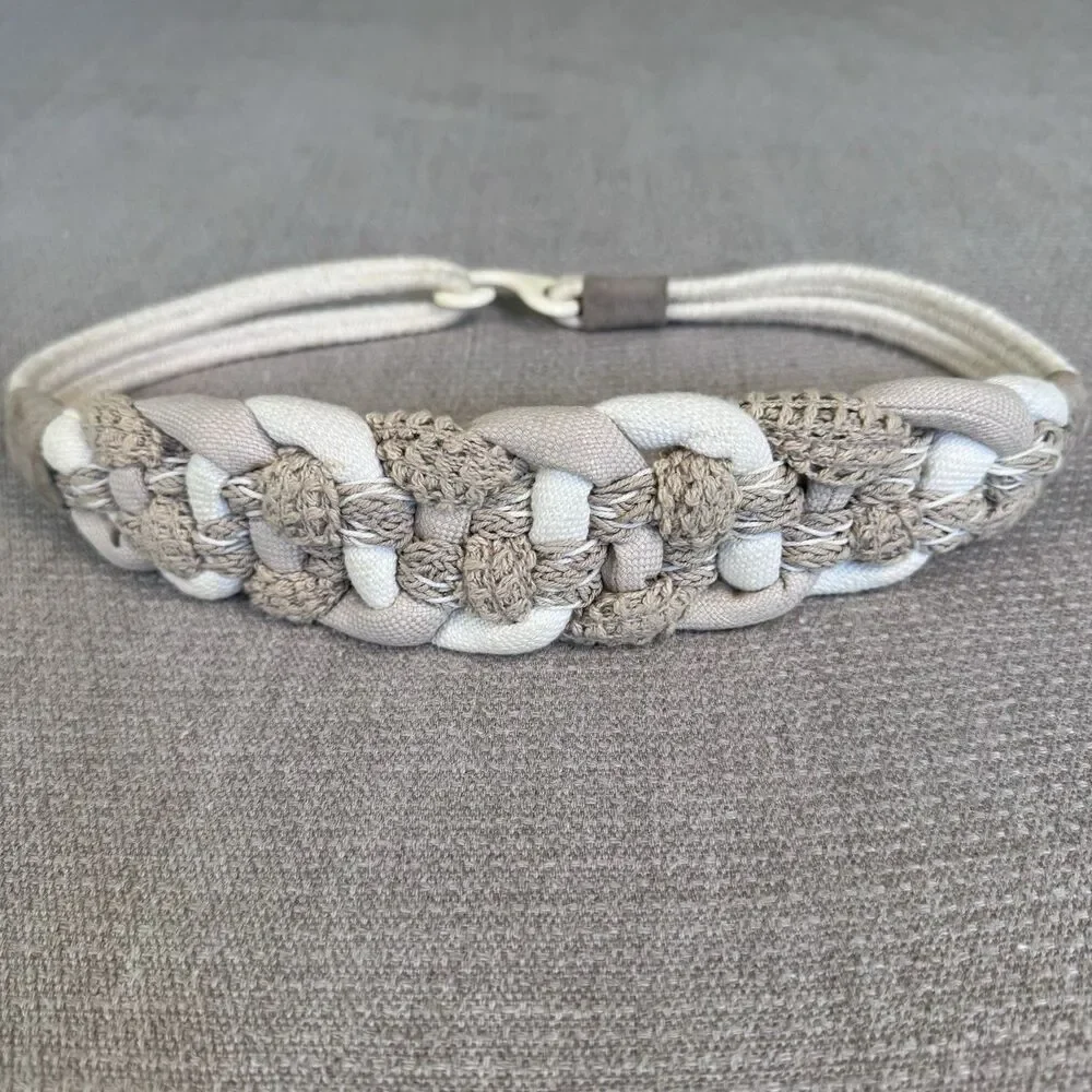 Vintage Leather Shop Cream Braided Fabric & Leather Belt Stretchy Boho S/M 544